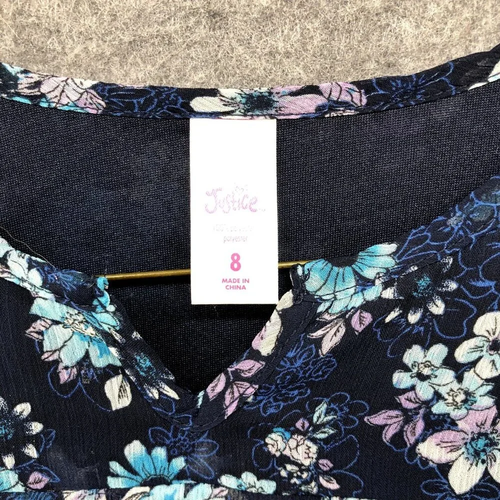 Justice Girls Size 8 Chiffon Blouse Navy Blue Floral Bell‎ Sleeve Sheer Sleeve